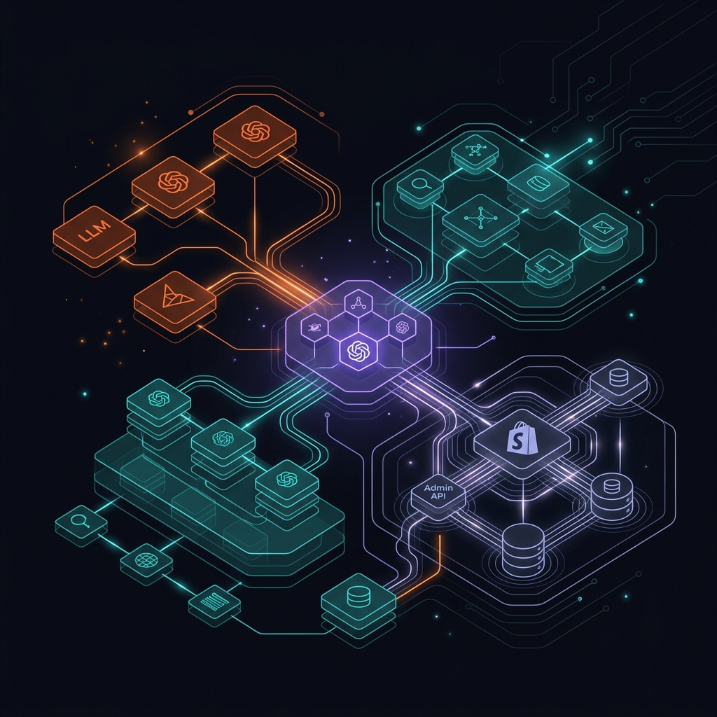 Diagram of the custom AI agent architecture connecting the Shopify Admin API, vector database, and LLM providers via the Model Context Protocol