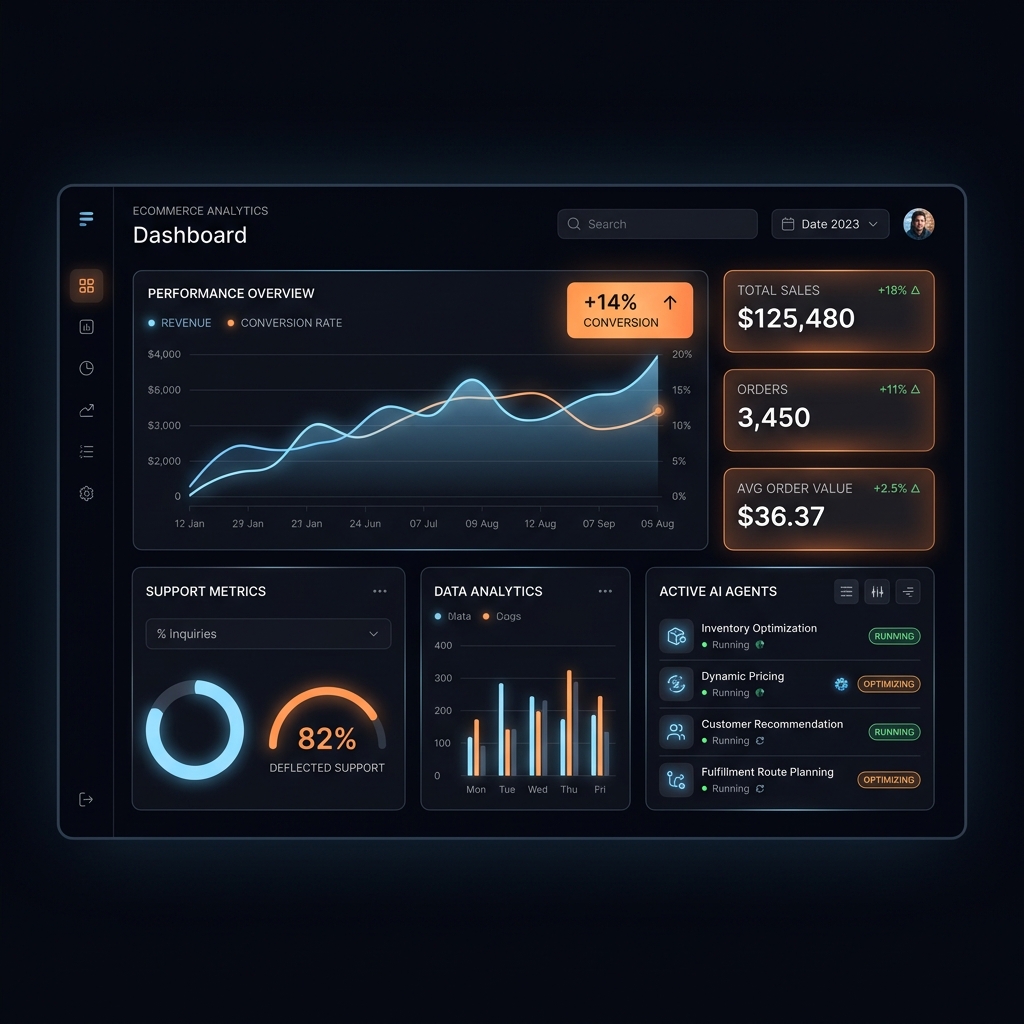 Live analytics dashboard showing revenue, orders, and AI agent activity for a Shopify cosmetics store